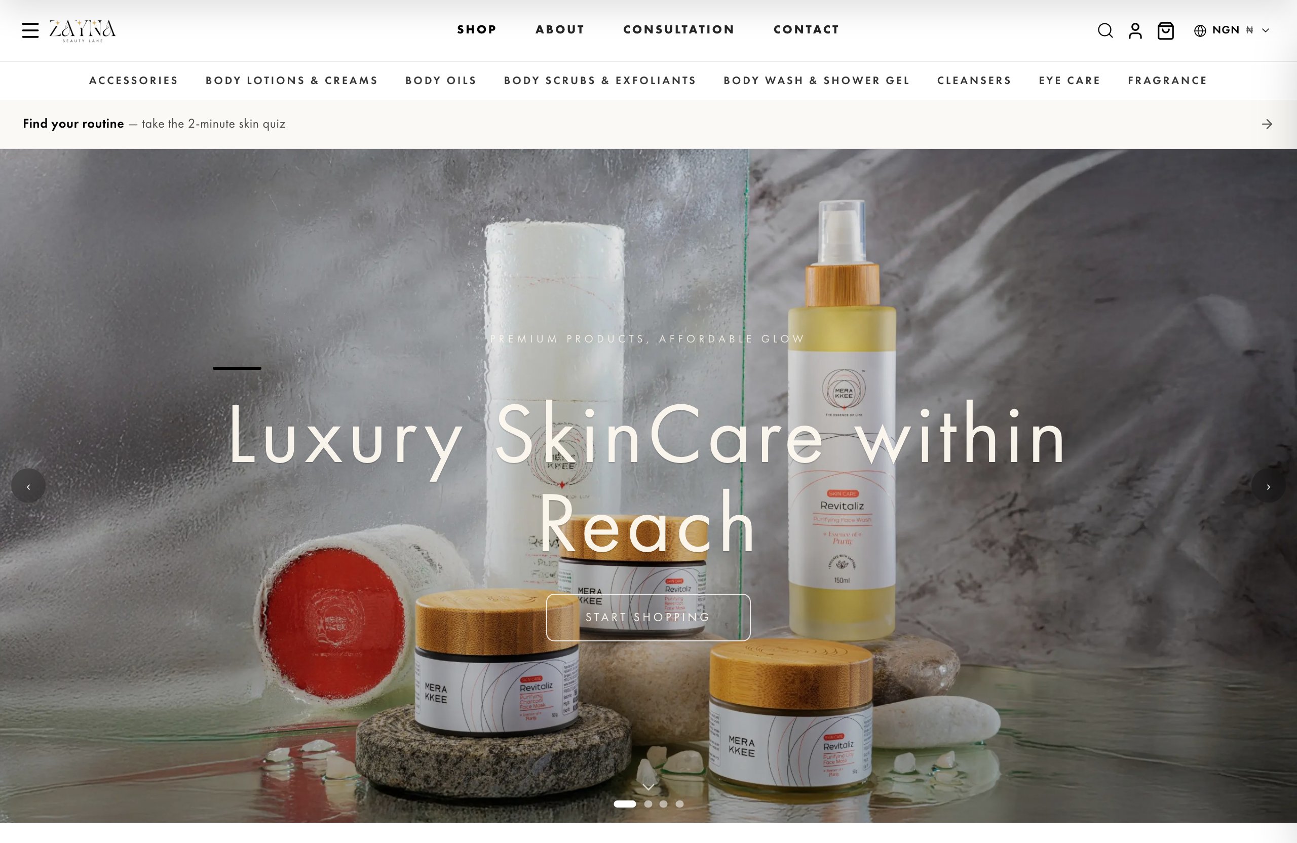 Zayna Beauty Lane — a live store on Theyutes with its own theme, skin-quiz consultation and display currencies